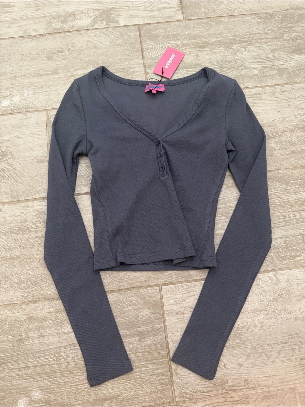Ribbed Long-Sleeve Henley Top